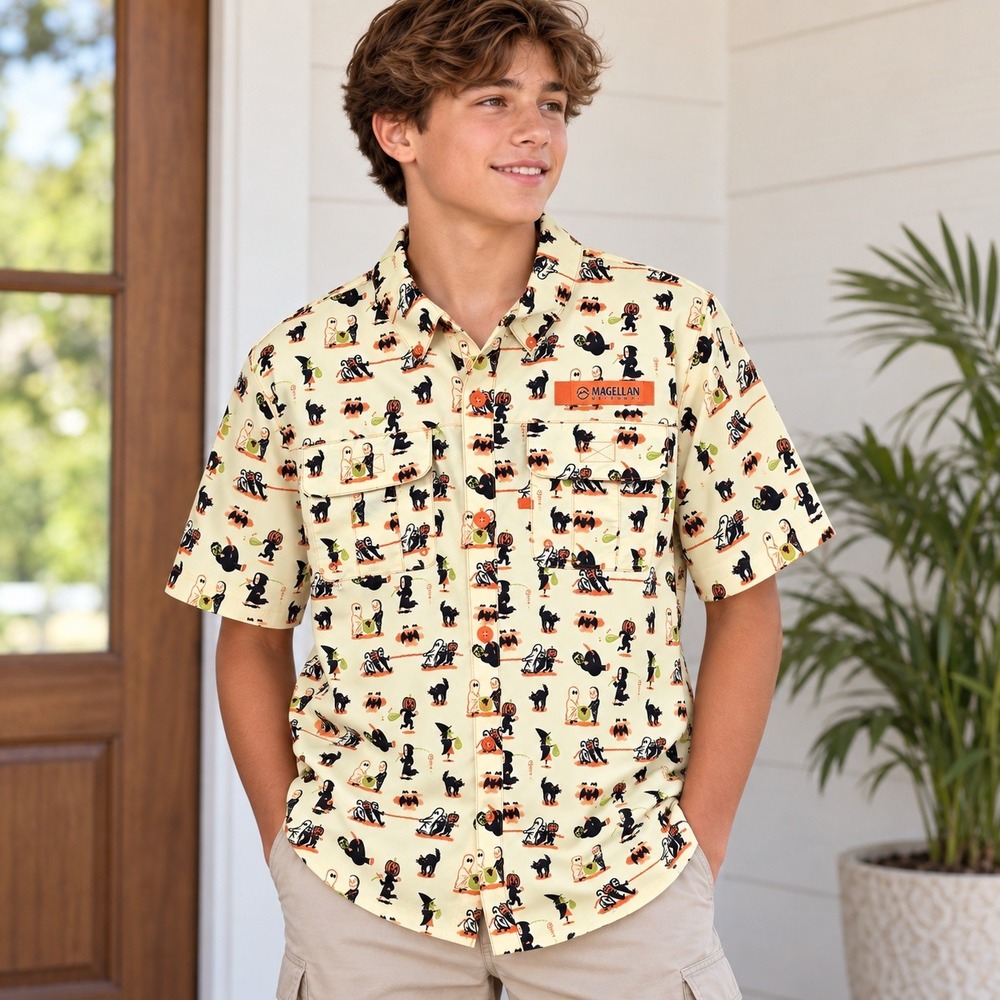 Magellan Outdoors Kids XL 18-20 Halloween Fishing Shirt Fish Gear Vented Cream